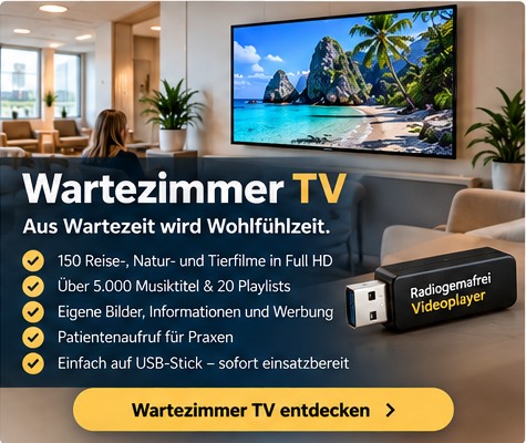 Wartezimmer-TV mit Naturvideos, Informationen und Patientenaufruf